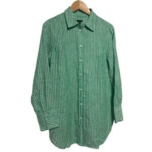 Talbots Linen Boyfriend Shirt Green Firefly Stripe Size Small Retail: $100 EUC
